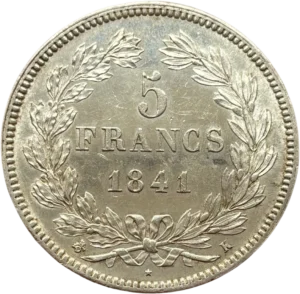 L'inscription "5 francs 1841 K" entouré d'une couronne de laurier et de chêne.