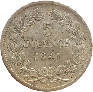 L'inscription "5 francs 1841" entouré d'une couronne de laurier et de chêne.