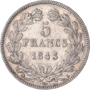 L'inscription "5 francs" entourée d'une couronne de laurier.