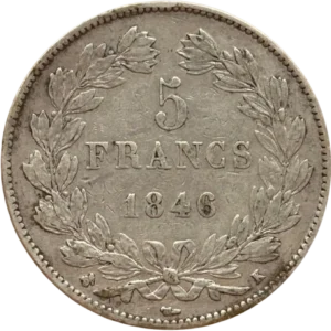 L'inscription "5 francs 1846" entouré d'une couronne de laurier et de chêne.