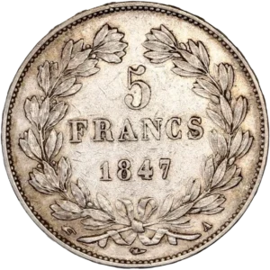 L'inscription "5 francs 1831" entouré d'une couronne de laurier et de chêne.