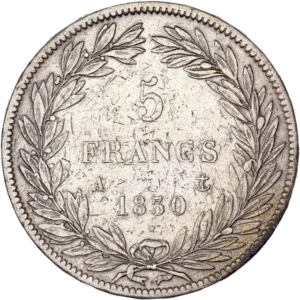 L'inscription "5 francs 1830" entouré d'une couronne de laurier et de chêne.