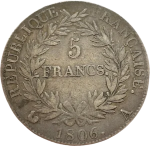5 Francs dans une couronne d'olivier.