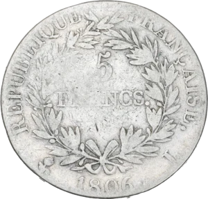 5 Francs dans une couronne d'olivier.