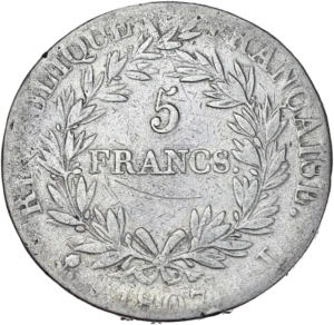 5 francs dans une couronne de laurier.