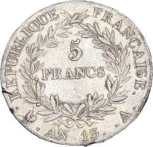 5 francs dans une couronne de laurier.