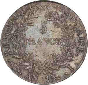 5 francs dans une couronne de laurier.