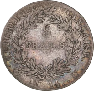 5 francs dans une couronne de laurier.
