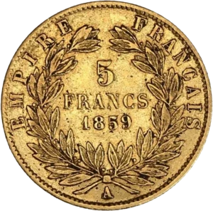 L'inscription "5francs 1859" entourée d'une couronne de laurier.