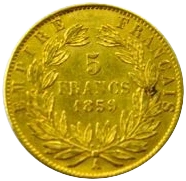 L'inscription "5 francs 1859" entourée d'une couronne de laurier.