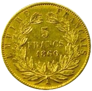 L'inscription "5 francs 1860" entourée d'une couronne de laurier.