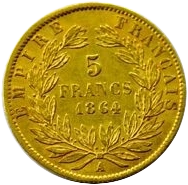 L'inscription "5 francs 1864" entourée d'une couronne de laurier.