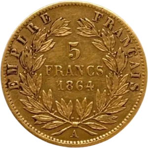 L'inscription "5francs 1864" entourée d'une couronne de laurier.