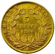 L'inscription "5 francs 1866" entourée d'une couronne de laurier.