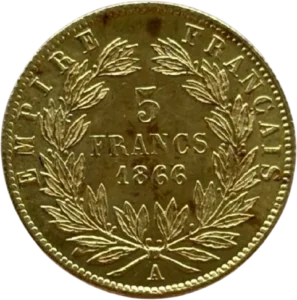 L'inscription "5francs 1866" entourée d'une couronne de laurier.