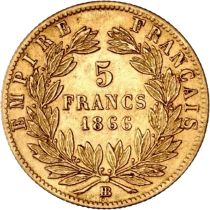 L'inscription "5francs 1866" entourée d'une couronne de laurier.