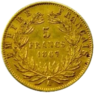 L'inscription 5 francs 1867 entourée d'une couronne de laurier.