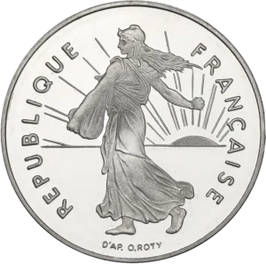 5 francs au dessus d'une composition végétale (chêne, lauriers et blé).