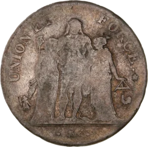 Hercule, debout de face avec la léonté, unissant la Liberté à droite et l'Égalité à gauche.