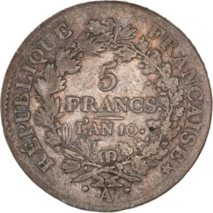 L'inscription "5 francs" entourée d'une couronne composée de feuilles de chêne et de laurier.