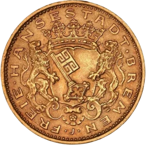 Écu festonné couronné aux armes de Brême soutenu par deux lions.