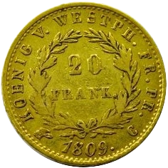 L'inscription 20 frank. entre une couronne de laurier.