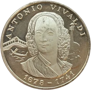 Portrait d'Antonio Vivaldi ; à gauche pont du Rialto à Venise et gondole ; à droite, son violon.