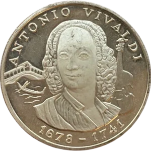Portrait d'Antonio Vivaldi ; à gauche pont du Rialto à Venise et gondole ; à droite, son violon.