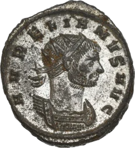 Buste radié et cuirassé d'Aurélien à droite.