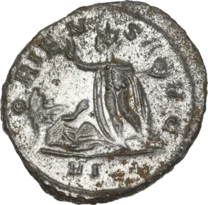 Sol à gauche, levant la main et tenant un globe. À ses pieds, à gauche, un captif en habit oriental étendu sur le dos, levant la main.