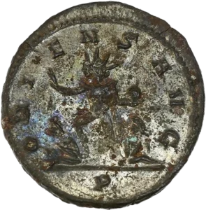 Sol radié tourné à gauche tenant un globe et levant la main. A ses pieds, deux captifs.