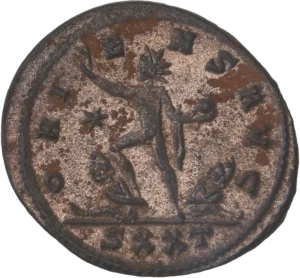 Sol radié pasant gauche, levant la main droite et tenant un globe de la main gauche. A ses pieds, de chaque côté, un captif assis dos à dos, les mains liées dans le dos. Dans le champ, une étoile.