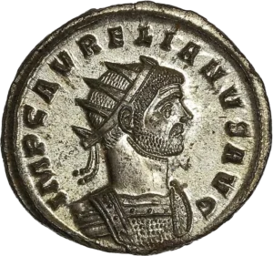 Buste radié et cuirassé d'Aurélien à droite.