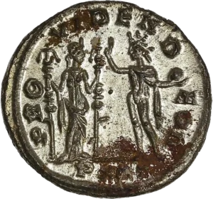 La Foie militaire debout à droite tenant deux enseignes, en face d'elle le Soleil à demi nu tenant le globe et levant la main droite.