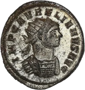 Buste radié et cuirassé d'Aurélien à droite.