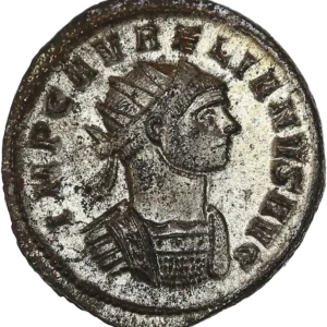 Buste radié et cuirassé d'Aurélien à droite.