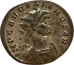 Sol radié à gauche levant la main droite et tenant un globe de la main gauche devant Fides tenant deux étendards militaire.