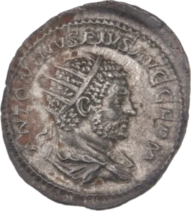 Buste radié, lauré et cuirassé de Caracalla à droite.