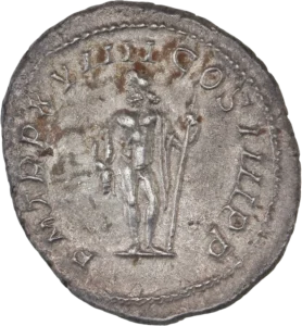 Jupiter tourné vers la gauche, tenant un sceptre et un foudre.