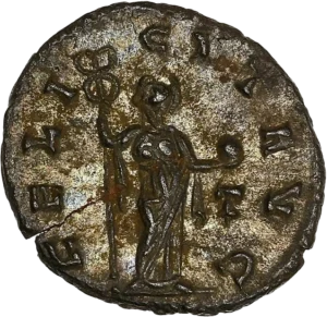 Felicitas à droite, tenant un globe et un caducée.