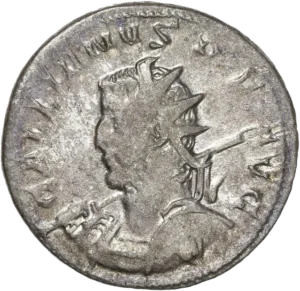 Buste radié et cuirassé de Gallien à gauche, vu de trois quarts en avant avec bouclier et tenant une haste sur l'épaule.