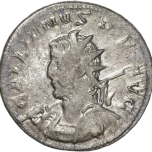 Buste radié et cuirassé de Gallien à gauche, vu de trois quarts en avant avec bouclier et tenant une haste sur l'épaule.