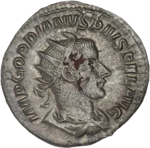 Buste drapé, cuirassé et radié de Gordien III à droite.