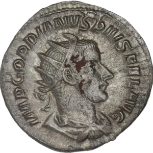 Buste drapé, cuirassé et radié de Gordien III à droite.