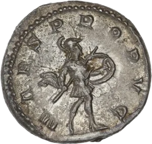 Mars cuirassé et casqué avançant à droite avec un bouclier et une lance.