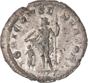 L'empereur au coté de Jupiter, tenant un foudre et un long sceptre.