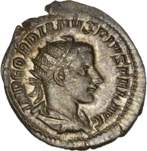 Buste drapé, cuirassé et diadémé de Gordien III à droite.