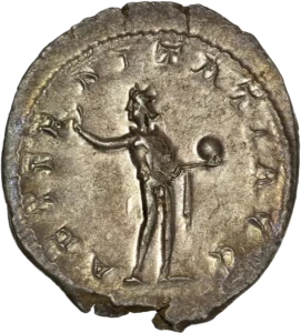 Sol tourné à gauche, tenant un globe et levant la main.