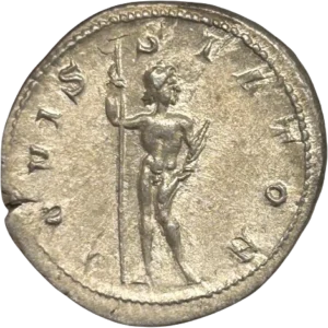 Jupiter nu debout de face, regardant à droite, tenant un foudre de la main gauche et un long sceptre de la droite.