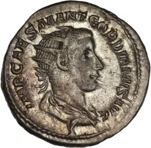 Buste drapé, cuirassé et radié de Gordien III à droite.